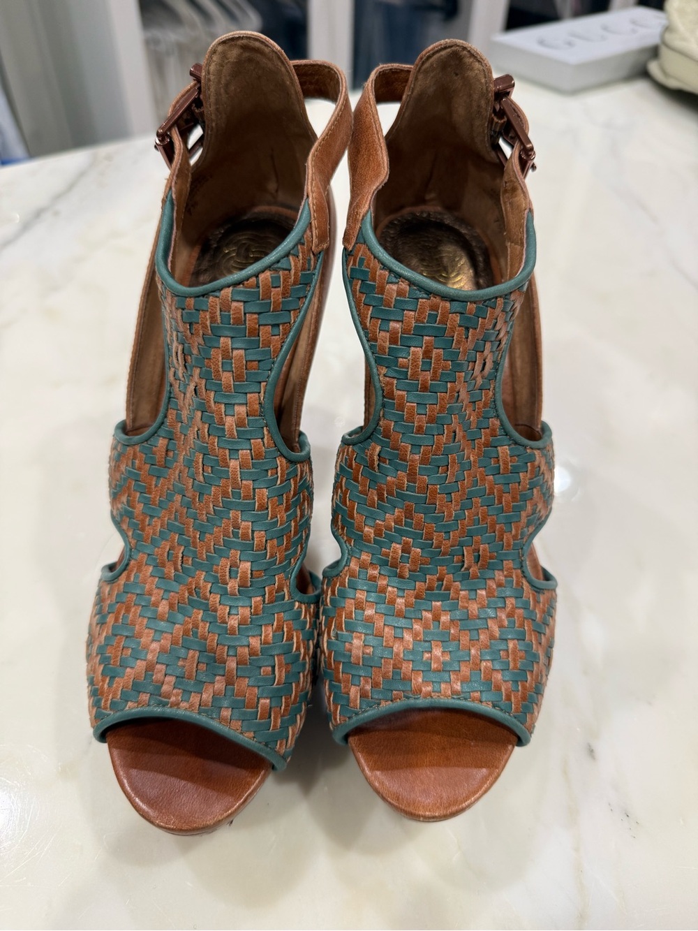 Elliot Lucca Woven Teal and Tan Platform Heels - Picture 3 of 6